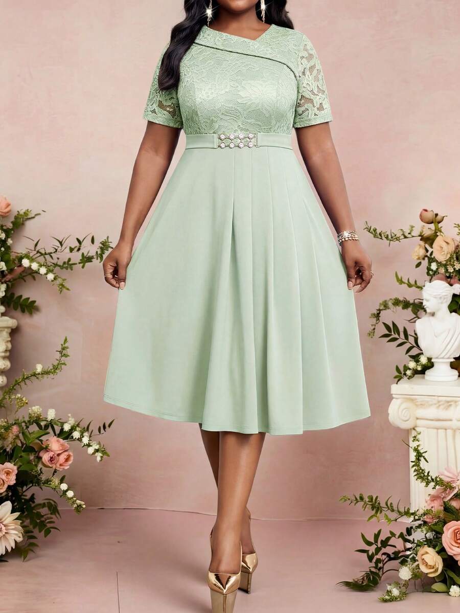 Fleurora 大码女式蕾丝拼接褶裥优雅收腰派对连衣裙 - 薄荷綠 - 查看 1