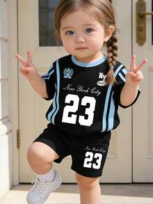 SHEIN Baby Girls 2-Piece Set, Colorblock Striped, Letter & Number 23 Print Loose Round Neck Short Sleeve T-Shirt And Matching Fitted Bike Shorts Set, Suitable For Spring/Summer, Casual, Weekend, Cute Summer Outfit For Baby Girls, Korean Style, Summer Outerwear, Baby Girls Summer Clothes, Baby Girls Sports Set - Multicolor - View 5
