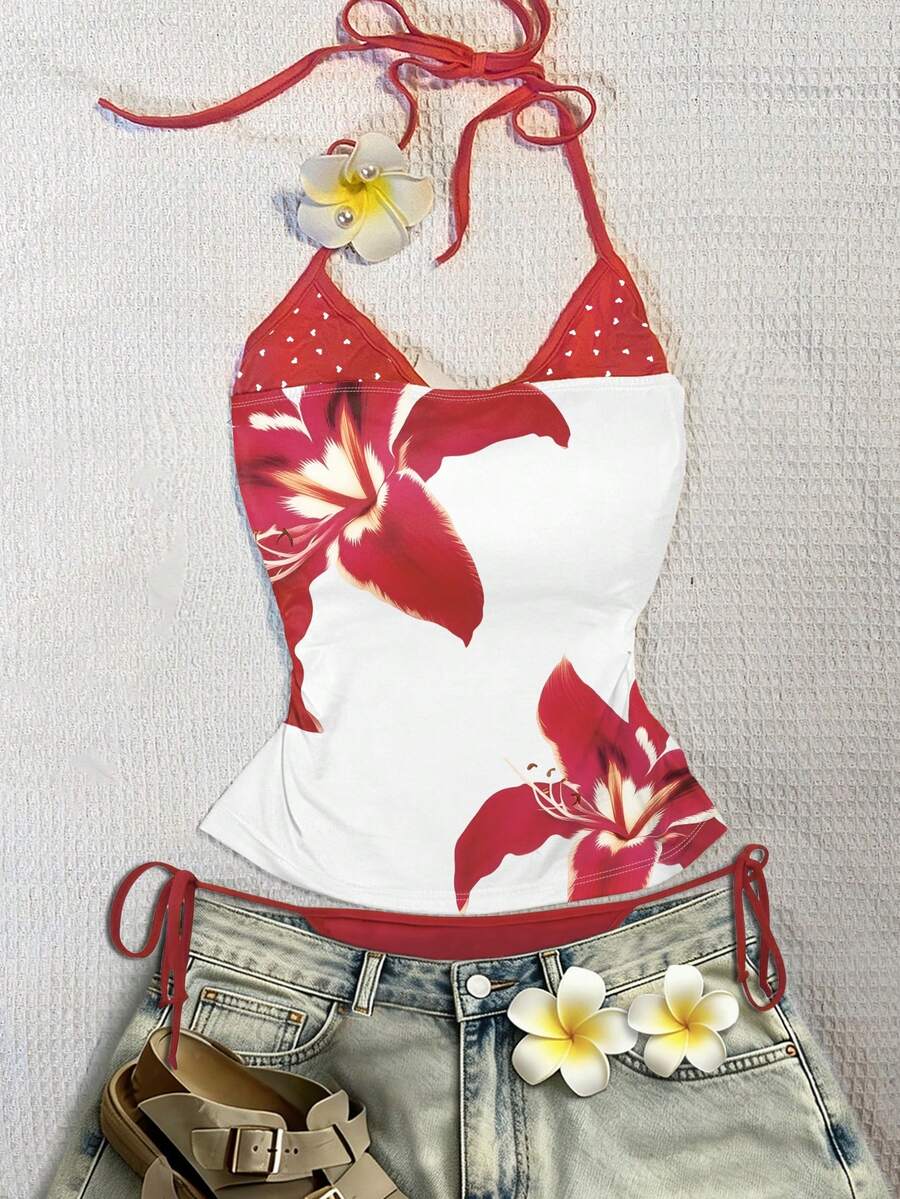 Glimmora 这款女士红色碎花二合一吊带背心性感十足，充满Y2K风格，适合海岛、海滩、度假、音乐节和派对等场合。 - 彩色 - 查看 1