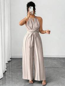 SHEIN Elenzya Plus Size Elegant Casual Striped Waist Jumpsuit, Suitable For Commuting, Spring/Summer Women Vacation Outfit Sets Women's Summer Outfits Women's Summer 2 Pieces Sets Women Outfits Sets - Apricot - View 3