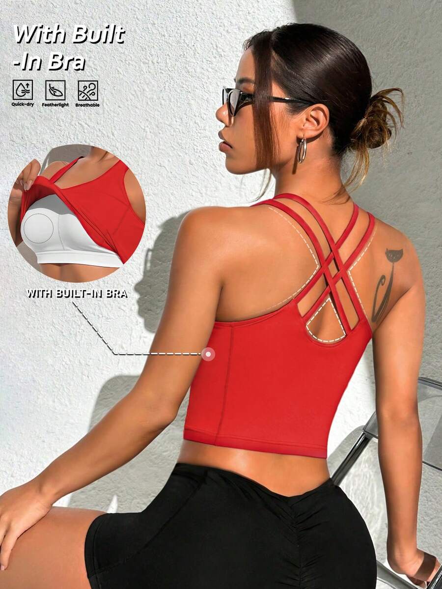 Easithlete Top corto deportivo de unicolor con sujetador incorporado y camisa ajustada tipo conjunto de aeropuerto, sujetador deportivo con tirantes push up, sujetador deportivo sin espalda, tirantes de sujetador deportivo para entrenamiento - Rojo - Ver 1