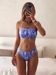 SHEIN Swim Mod 2026春夏女士抹胸碎花露背性感度假侧高衩比基尼泳衣两件套，抹胸比基尼，保守两件套泳衣，保守比基尼套装，沙滩两件套 - 彩色 - 查看 4