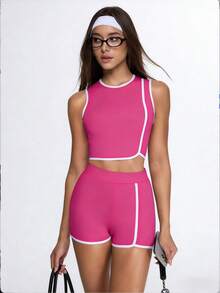 Eassivo Eassivo Set sportivo casual da donna con top a girocollo a blocchi di colore e pantaloncini in vita alta - Fucsia - Visualizzare 4