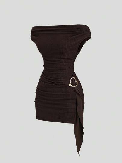 Sweetra Nuevo vestido marrón de primavera/verano para mujer, con estilo retro, elegante, cómodo y de ajuste ceñido