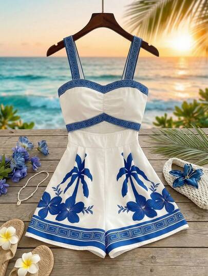 SHEIN Franclia Bộ áo liền quần in hoa dành cho nữ, thích hợp mặc hàng ngày và đi nghỉ mát.