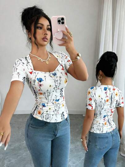 Elenzga Camiseta de moda de manga corta con cuello de cisne y estampado floral para mujer