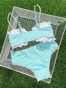 Swim Mod Nuevo conjunto de tankini de traje de baño con volantes de encaje y rayas dulces - verde menta - Ver 2