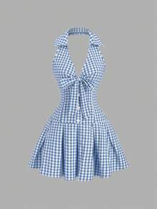 Sweetra 春夏女装甜美法式复古红白碎花浪漫套装，无袖露背吊带蝴蝶结腰部褶皱A字迷你连衣裙 - 藍白色 - 查看 1