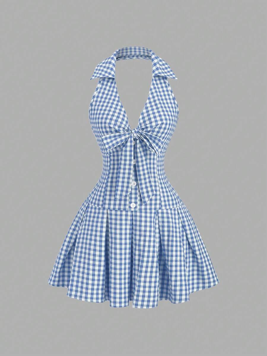 Sweetra 春夏女装甜美法式复古红白碎花浪漫套装，无袖露背吊带蝴蝶结腰部褶皱A字迷你连衣裙 - 藍白色 - 查看 1