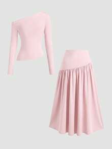 Sweetra Spring/Summer New Arrival Boat Neck Pleated Asymmetric Hem Top & Long Skirt Set, Fashionable Casual - Pink - View 2