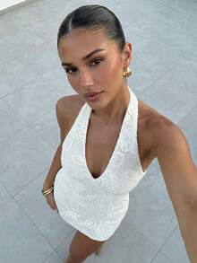 Firerie Women's Spring/Summer New Ivory Knit Embroidered Romantic V-Neck Textured Backless Halter Mini Dress, Elegant Date Night Outfit,Summer Dresses For Women - Beige - View 4
