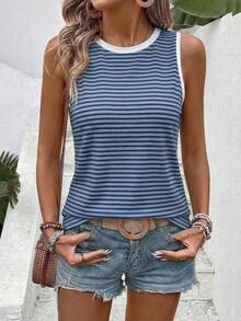 SHEIN Holidaya New Arrival Plus Size Women Casual Round Neck Striped Versatile Bestselling Tank Top - Multicolor - View 4