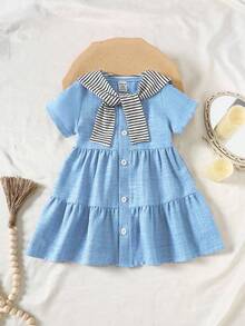 SHEIN Elladie kids 2件套女婴春夏短袖仿牛仔连衣裙和披肩 - 藍色 - 查看 3