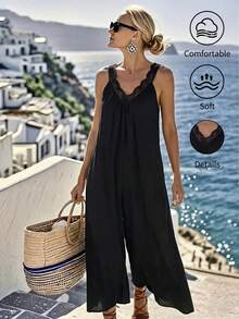 Breezaya 女式无袖 V 领花卉印花连体裤，度假风格 - 黑色 - 查看 2