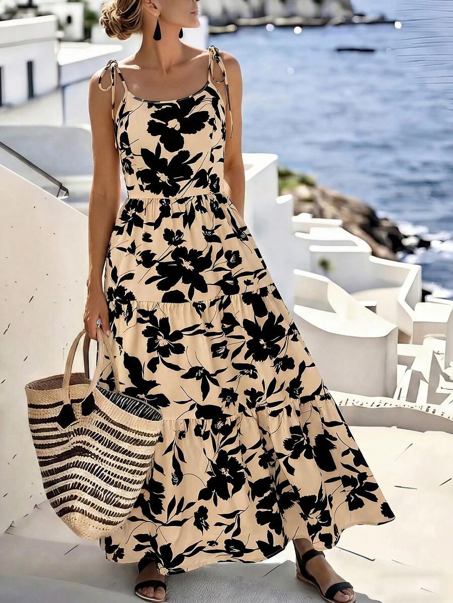 SHEIN LUNE CURVE Women's Khaki & Black Ditsy Floral Spaghetti Strap Backless Dress, Layered Flowy Skirt, Vacation/Picnic With Friends, Summer Beach Date Dress - Multicolor - View 1