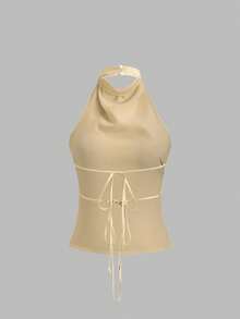 Sweetra Backless Tie-Up Satin Solid Color Draped Halter Elegant Camisole - Pale Yellow - View 2