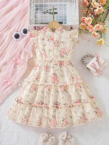 Elladie kids 2025春夏玫瑰印花無袖荷葉邊洋裝，女童公主風，可愛甜美，後背拉鍊，適合日常穿著與通勤 - 杏色 - 查看 2