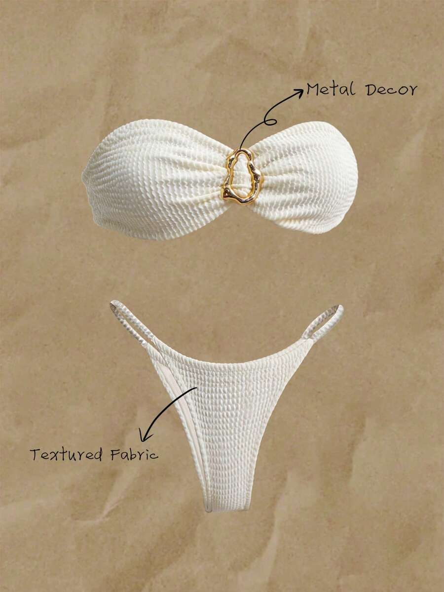 Elavelle Springbreak Women Beachwear Summer Outfits For Women, Solid Color Jacquard Fabric Strapless Metal Decor Sexy Bikini Set Holiday - Beige - View 1