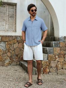 VENTUSAIL Men's Casual Solid Color Single-Breasted Textured Loose Drop Shoulder Short Sleeve Pocket Shirt, Suitable For Summer, Holiday - Blue - View 3