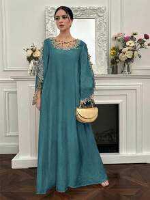 Yasmyna Women's Floral Embroidery Crossed Neck Ruffle Hem Long Sleeve Arabic Style Dress, Elegant For Parties And Formal Events - Blue - View 6