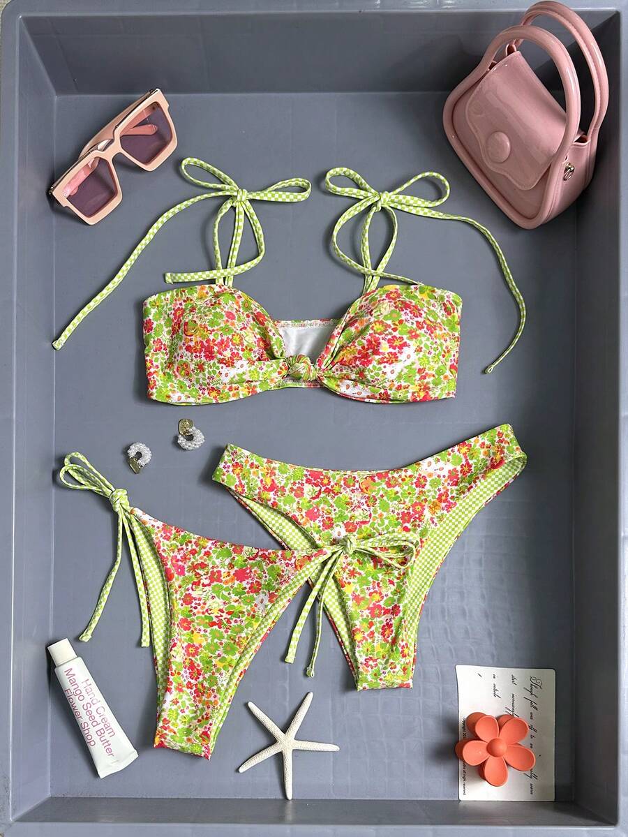 SHEIN Swim 针织性感花卉格纹印花无钢圈比基尼套装,优雅甜美两件式泳衣,适合夏季海滩派对和郊游 - 彩色 - 查看 1
