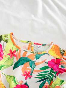 Sparklyn Vestido de manga corta con cintura ceñida y estampado floral retro para niña preadolescente - Multicolor - Ver 3
