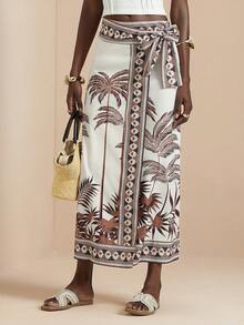 Vesra Chân váy quấn thắt eo in hình cây dừa mơ dành cho nữ, thích hợp cho kỳ nghỉ. - Màu be - Xem 6