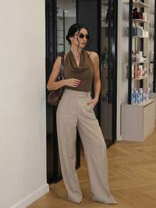 Firerie 杏色垂褶领口系带简约优雅女式衬衫 - 咖啡棕 - 查看 5