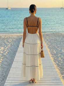 Aloruh 女士新款吊带露背浅杏色休闲优雅亚麻质感连衣裙，黑色丝带装饰，适合度假、海滩、日常休闲、节日、毕业典礼、商务休闲、夏日连衣裙等场合。 - 杏色 - 查看 3