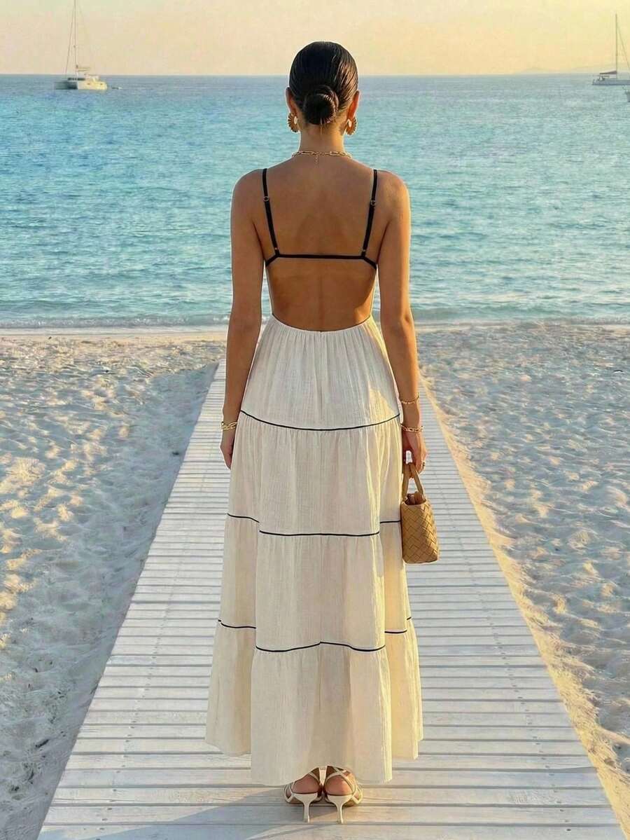 Aloruh 女士新款吊带露背浅杏色休闲优雅亚麻质感连衣裙，黑色丝带装饰，适合度假、海滩、日常休闲、节日、毕业典礼、商务休闲、夏日连衣裙等场合。