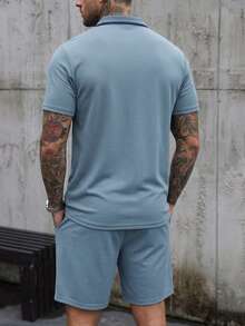 Manfinity Homme Men's Casual Polo Shirt Set,Summer Golf 2 Piece Set,Zip-Up Embroidered Short Sleeve&Shorts Outfit,Dusty Navy Blue Cozy Matching 2PC Summer Essential - Dusty Blue - View 2