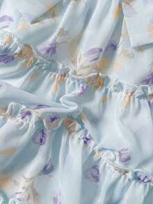 SHEIN 女婴时尚休闲碎花蝴蝶结装饰蛋糕裙，适合春、夏、秋季、居家、度假、节日、派对、日常穿着 - 藍色 - 查看 5