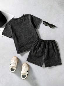 SHEIN Coolqubz 男童休闲纯色T恤+短裤两件套，适合日常穿着、上学、旅行、夏季户外活动 - 黑色 - 查看 2