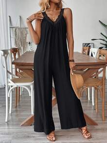 Breezaya 女式无袖 V 领花卉印花连体裤，度假风格 - 黑色 - 查看 6