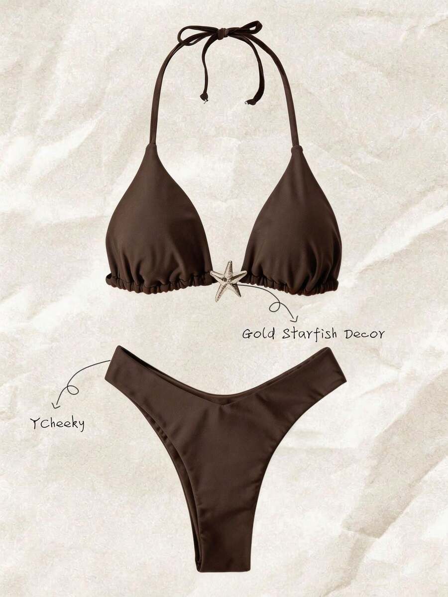 Elavelle 女士纯色金属装饰细肩带性感比基尼套装，夏季 - 棕色 - 查看 1