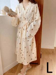 SHEIN Áo choàng/kimono in hình gấu bông, màu trơn nhẹ, kiểu dáng tối giản châu Âu, tay dài, cổ chữ V, có túi, đồ ngủ mặc nhà thoải mái cho nữ, áo choàng tắm, trang trí nhà cửa mùa xuân thu hè, đám cưới, trở lại trường học. - Màu be - Xem 13
