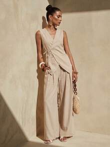 Zivah 2pcs Casual Vacation Linen Texture Knotted Collar Vest And Pleated Long Pants Set For Women Yacht Outfit Women Working Dress For Women Wool Two Pieces Women's Work Clothes For The Office Work Outfits Women - Khaki - View 5
