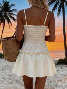 INAWLY Solva 女士度假休闲拼接荷叶边吊带迷你连衣裙 - 杏色 - 查看 2