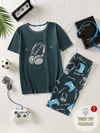1 Set Snug Fit Pajama For Tween BoySpring/Summer, Video Game Controller & Headphone Graphic Print Elastic Knit Short Sleeve Top & Matching Allover Print Shorts