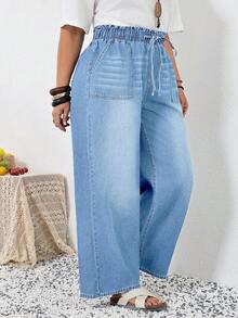 SHEIN Tall CURVE Quần jeans nữ cỡ lớn mùa hè và xuân, cạp chun, túi, ống rộng, dáng suông, thoải mái, co giãn, cạp chun đàn hồi. - Rửa trung bình - Xem 4