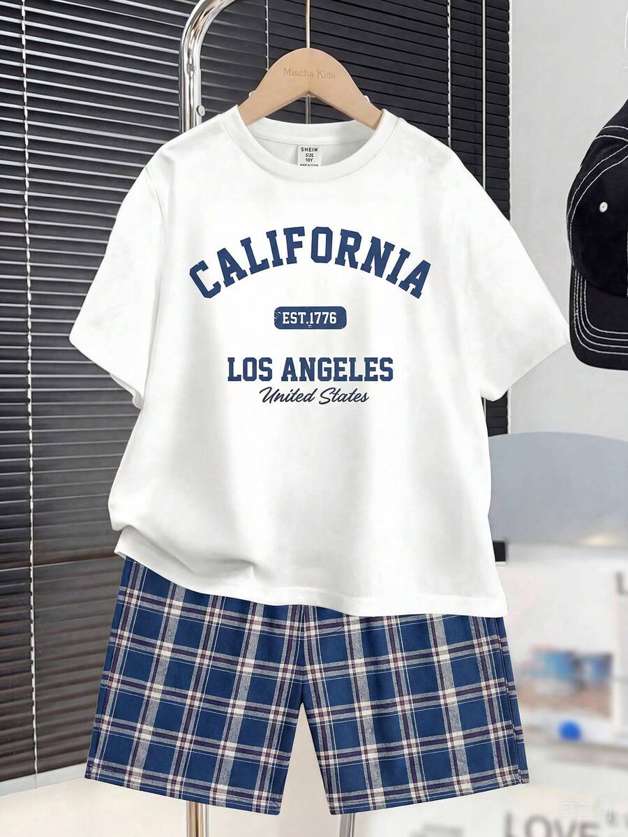 Tween Boys Minimalist Letter Print Round Neck Short Sleeve T-Shirt And Plaid Pattern Loose Casual Shorts 2pcs Pajama Sleepwear Set,Kids - Blue and White - View 1