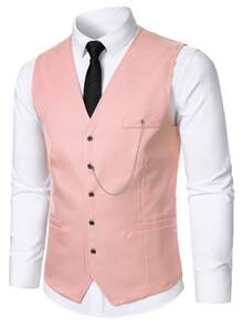 Manfinity Mode Men's Front Button Waistcoat And Pants Business Suit Set, Formal - Baby Pink - View 5