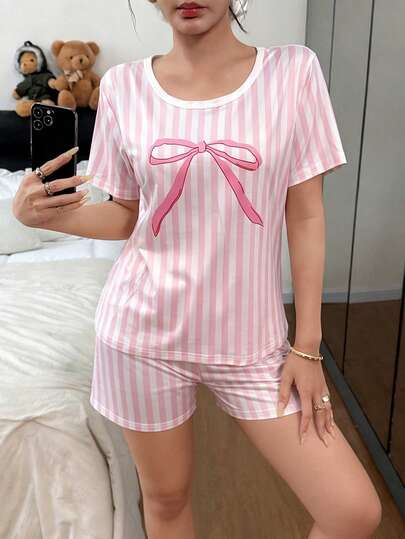 Teen GirlPink & White Striped Bow Graphic Print Pajama Set, Japanese Soft Girl Style, Soft & Comfortable Knit Fabric, Loose Fit Short Sleeve & Shorts, Summer