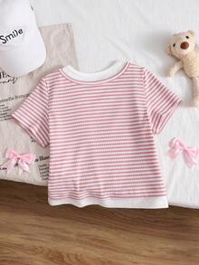 1件女童条纹双领荷叶边T恤 - 淺粉色 - 查看 2