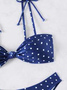 Swim Basics 女士黑白波点印花扭结系带比基尼套装，休闲度假款 - 藏蓝色 - 查看 4