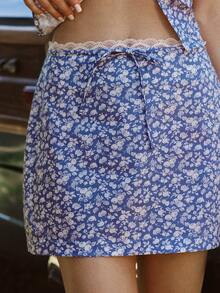 WESTFADE 100% Cotton Mixed Fruit Print & Lace Tie Waist Fitted Mini Skirt,Blue Flower,Summer,Boho,Picnic,Holiday,Resort Wear,Coastal Cowgirl,Vacation,Festival - Blue - View 2