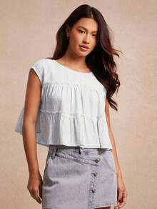 WESTFADE Blusa texturizada listrada com gola redonda, mangas curtas e babados em camadas, ideal para a volta às aulas. Roupa fofa para o outono, estilo country e verão. - Azul e branco - Ver 3