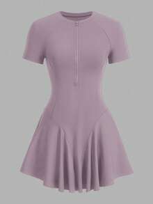 CourtClass CourtClass Women's Solid Color Round Neck Casual Daily Sports Dress And Shorts Set Pirple Dress For Women - Purple - View 3