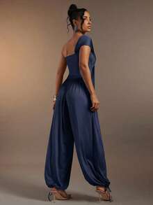 Hauture Bộ jumpsuit nữ gợi cảm một vai, xếp ly, chéo phía trước, không tay, chất liệu jersey, có dây rút ở gấu. - Màu xanh hải quân - Xem 2