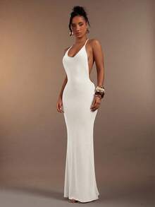 Hauture Women's Solid Color Halter Backless Split Design Elegant Waist Fit Cocktail Party Dress - Ivory White - View 5